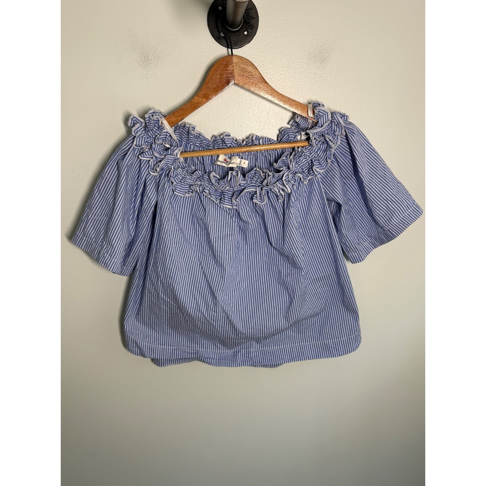 Vineyard Vines Womens Blue White Striped Ruffle Off Shoulder Blouse Top Small